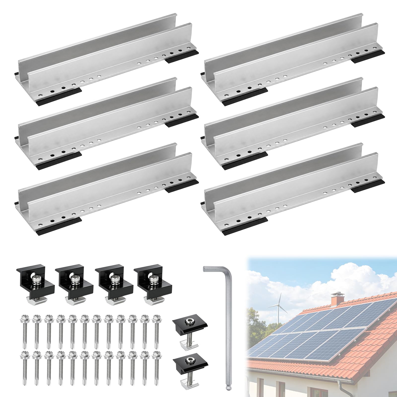 EXLECO 6 x 40 cm, supporto solare per tettuccio piatto, set di montaggio | Con morsetti terminali, morsetti centrali, 35 mm, 30 mm, supporto per pannello solare a tetto piatto fotovoltaico
