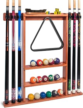 Brown Pool Stick Holder, Wall Mount Pool Cue Rack ,Solid Wood Floor Stand for billiard cue sticks,Holds 6 Pool Cues & a Full Set of Balls,Professional Pool Table Accessories for Billiard Room or Club