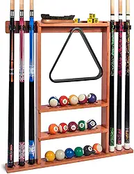 Suporte de taco de sinuca, suporte de parede para tacos de sinuca de madeira maciça para tacos de bilhar, comporta 6 tacos de bilhar e um conjunto completo de bolas, acessórios profissionais para mesa de bilhar ou clube