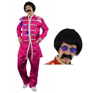 Costume de sergent pop pour adultes – Taille L – Veste bleue avec tresse argentée, pantalon bleu, perruque noire, lunettes rondes bleues – Déguisement sur le thème de la musique des années 60 - Les Beatles, Paul McCartney, John Lennon, RIngo Starr, George Harrison