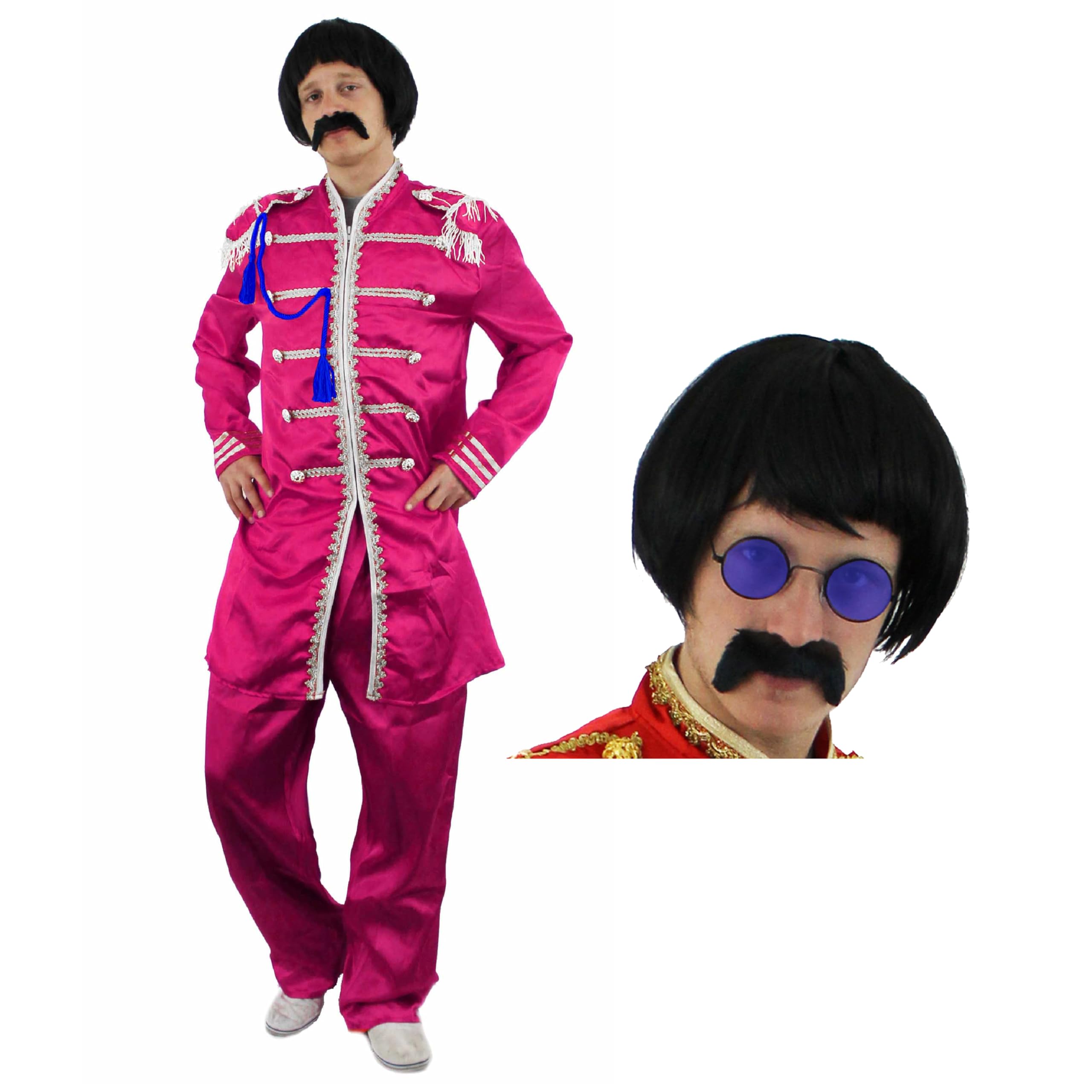 Pop-Sergeant-Kostüm für Erwachsene, groß, blaue Jacke mit silberfarbenem Zopf, blaue Hose, schwarze Perücke, runde blaue Brille, 60er-Jahre-Musik-Thema-Kostüm