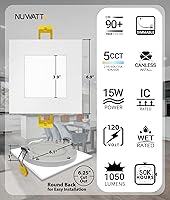 Vista 2 de NUWATT Paquete de 12 luces LED empotrables cuadradas ultrafinas de 6 pulgadas, seleccionables 2700 K/3000 K/3500 K/4000 K/5000 K, alto brillo 1050