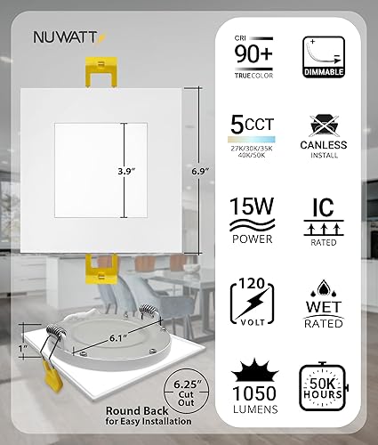 Miniatura 2 de NUWATT Paquete de 12 luces LED empotrables cuadradas ultrafinas de 6 pulgadas, seleccionables 2700 K3000 K3500 K4000 K5000 K, alto brillo 1050