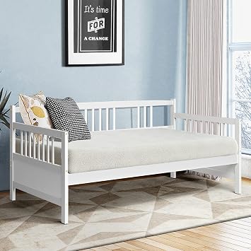 KOTEK Twin Daybed Frame, Wooden Sofa Bed Guest Bed with Rails, Platform Bed Frame Twin Size for Living Room, Bedroom White