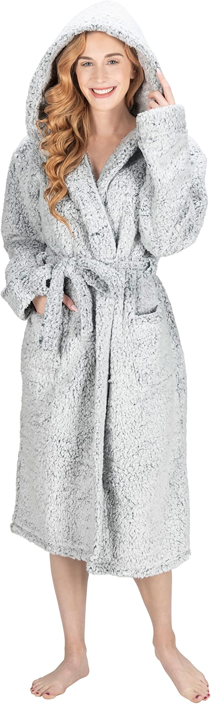 Womens Bath Robe - Premium Super Soft & Cosy Long Bathrobe - Ladies Thick Flannel Luxury Housecoat - Shearling Spa Gown for Her - Warm Fluffy Sherpa Bathrobe with Hood, Pockets & Tie