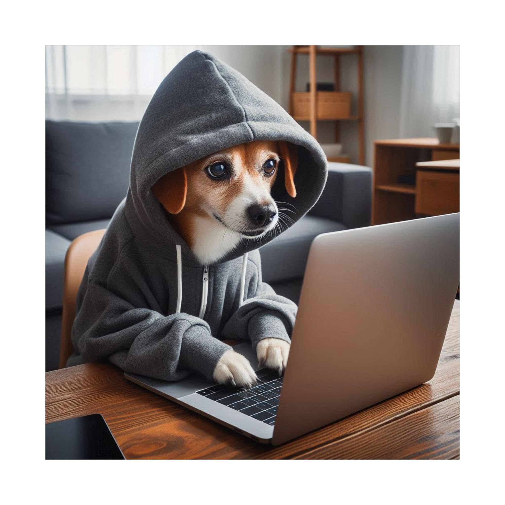 Dog in a Hoodie Using a Laptop Like It's Coding an App Matte Poster - Made in USA - 18x18 Inch