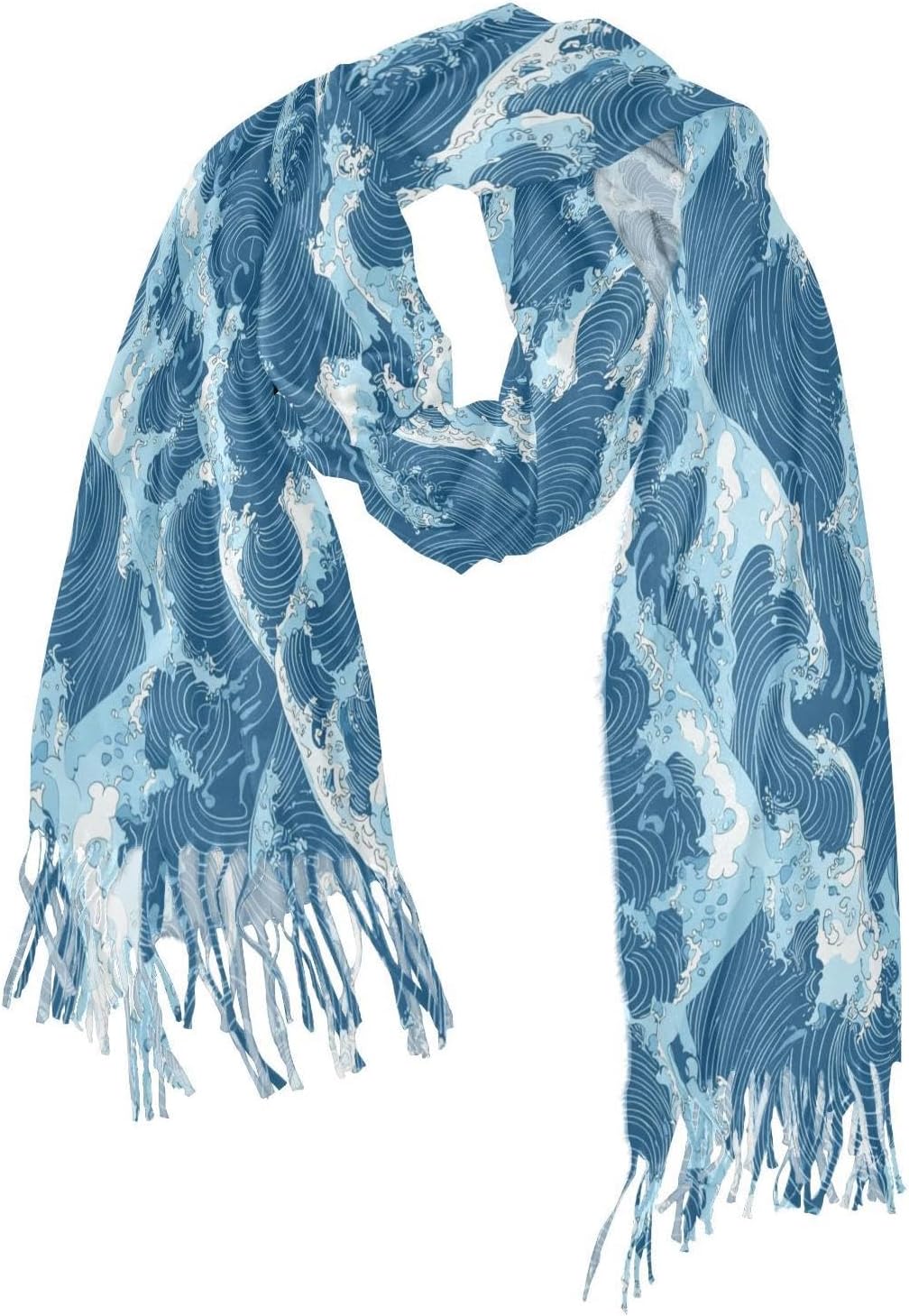 Winter Scarf for Women Blue Sea Waves Fashion Tassel Shawl Wraps for Women, Cold Weather Warm Womens Scarves Soft Long Scarf Gifts