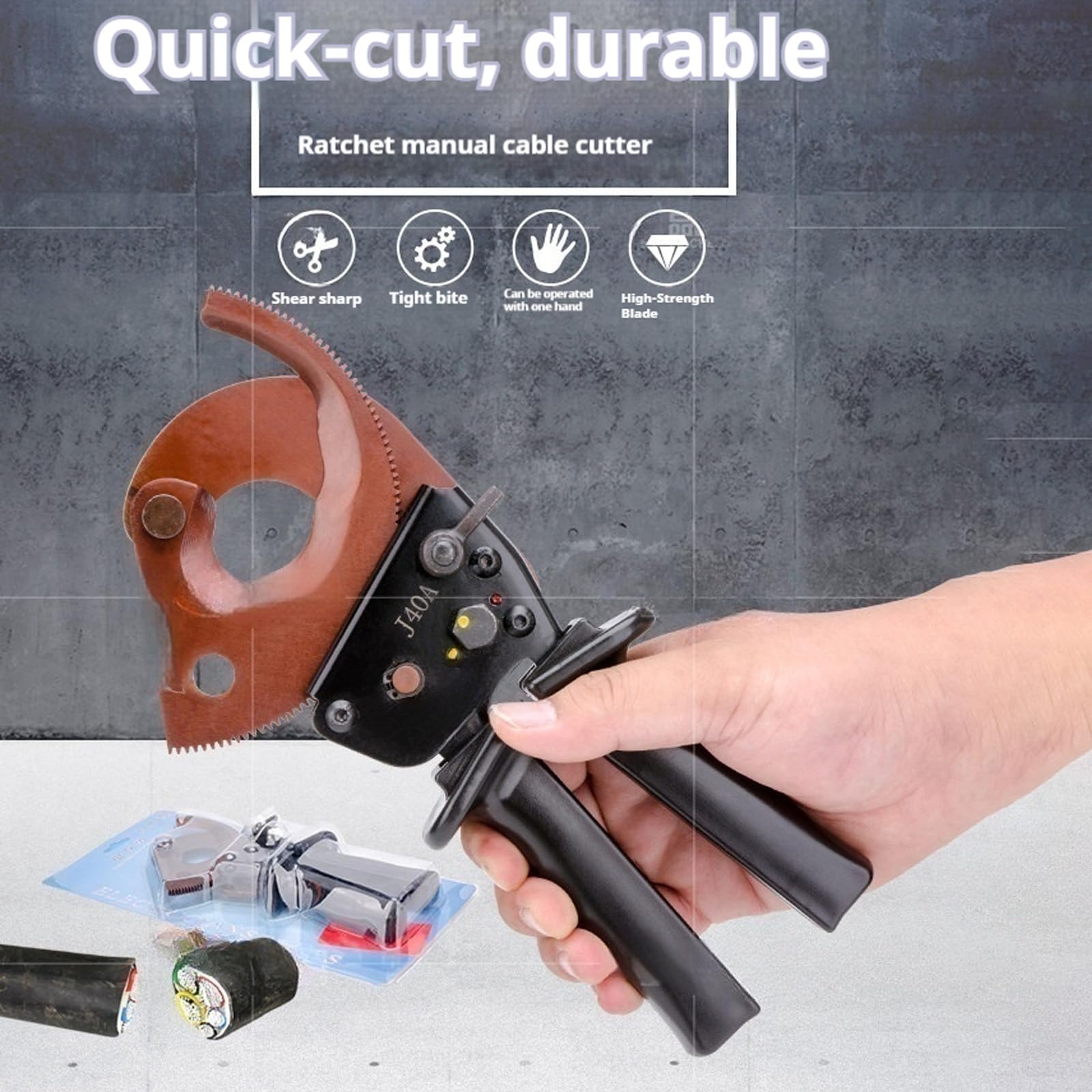 Ratschen-Kabelschneider, Elektronik Seitenschneider, Kupfer-Aluminium Kabelschere – bis 300 mm² / Ø40 mm, Einhandbedienung mit ergonomischem Anti-Rutsch-Griff