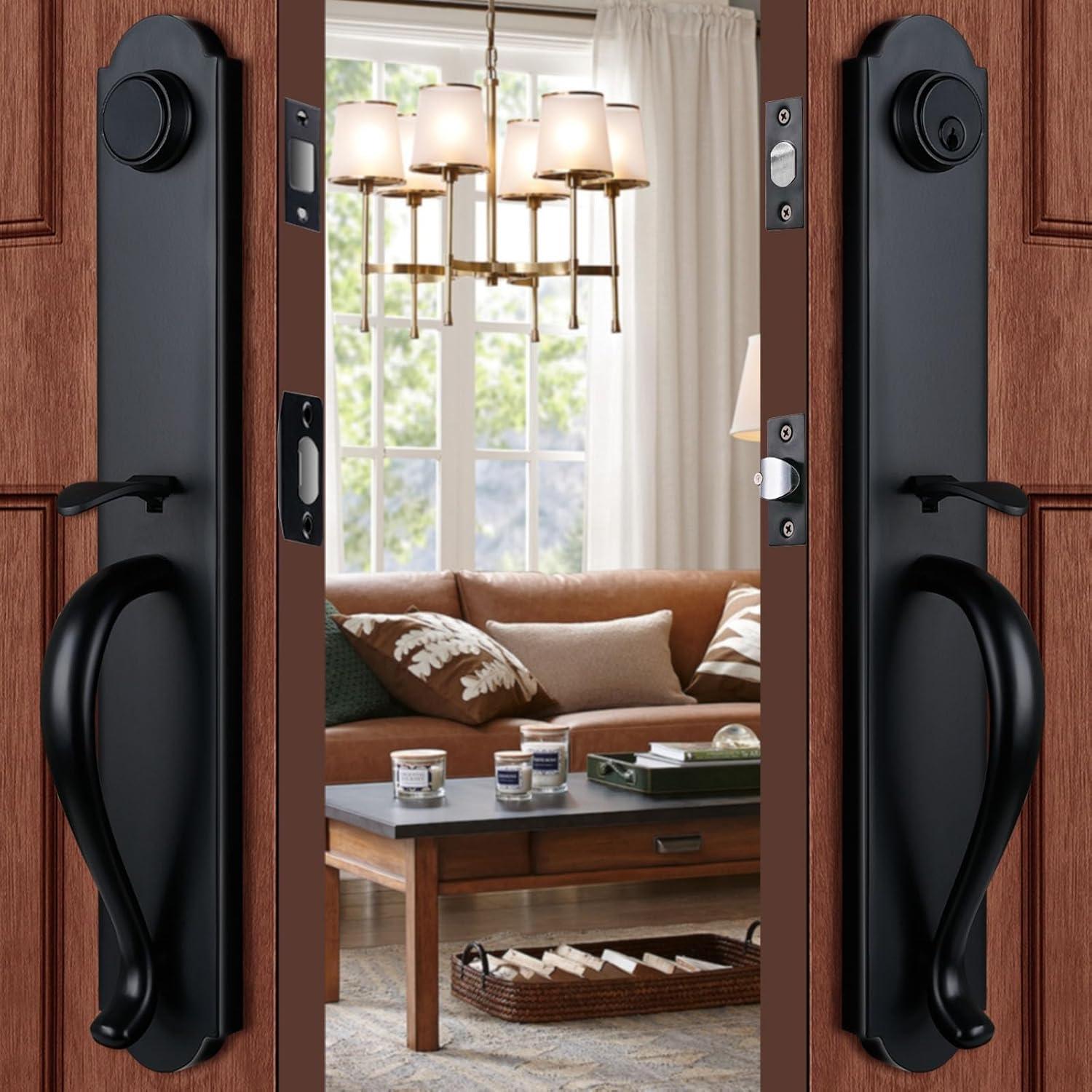Front Door Handle Double Door Lock Set with Camelot Trim in Matte Black, Entrance Handle Set with Deadbolt and Knob, X-2018DBSET