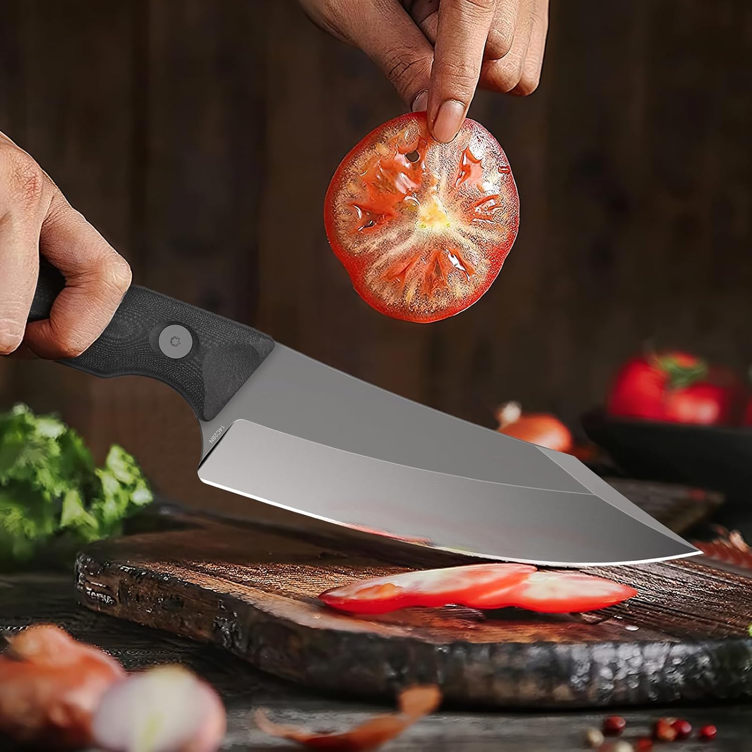 FINTISO Viking Knife 14C28N Black and Santoku knife 7 inch S35VN Powder Steel 7-Layer Clad Steel Gift Idea