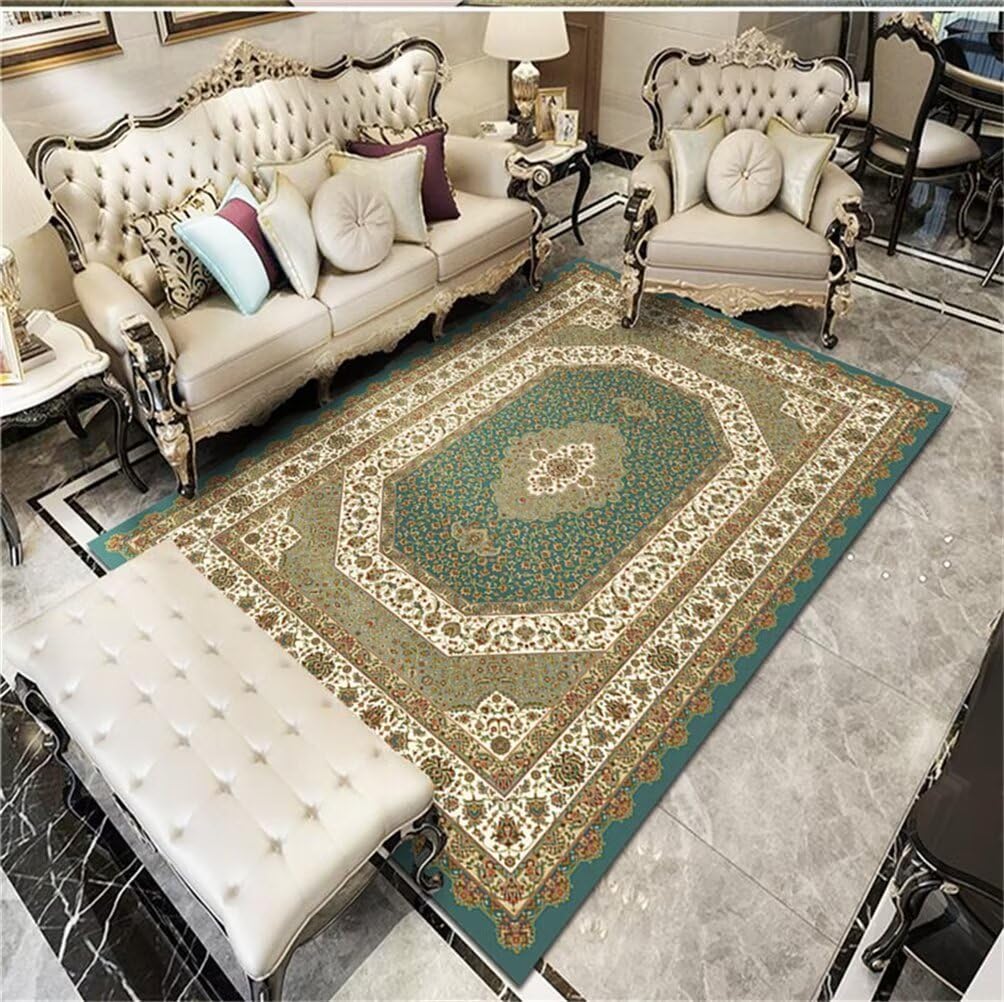 Grand tapis 120x170cm lavable vert rétro floral pour salon ou chambre d'enfant