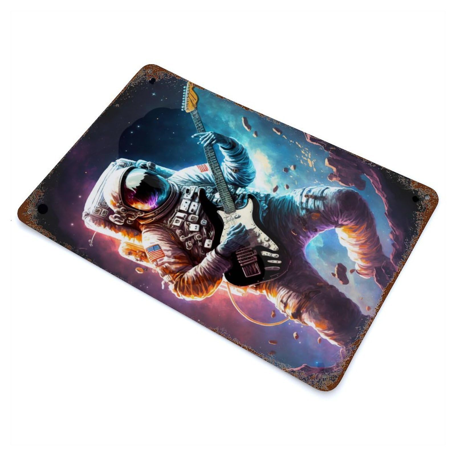 Astronaut Playing Guitar Retro Metal Sign 11.8"x7.9", Vintage Wall Decor for Garage, Pub Or Kitchen