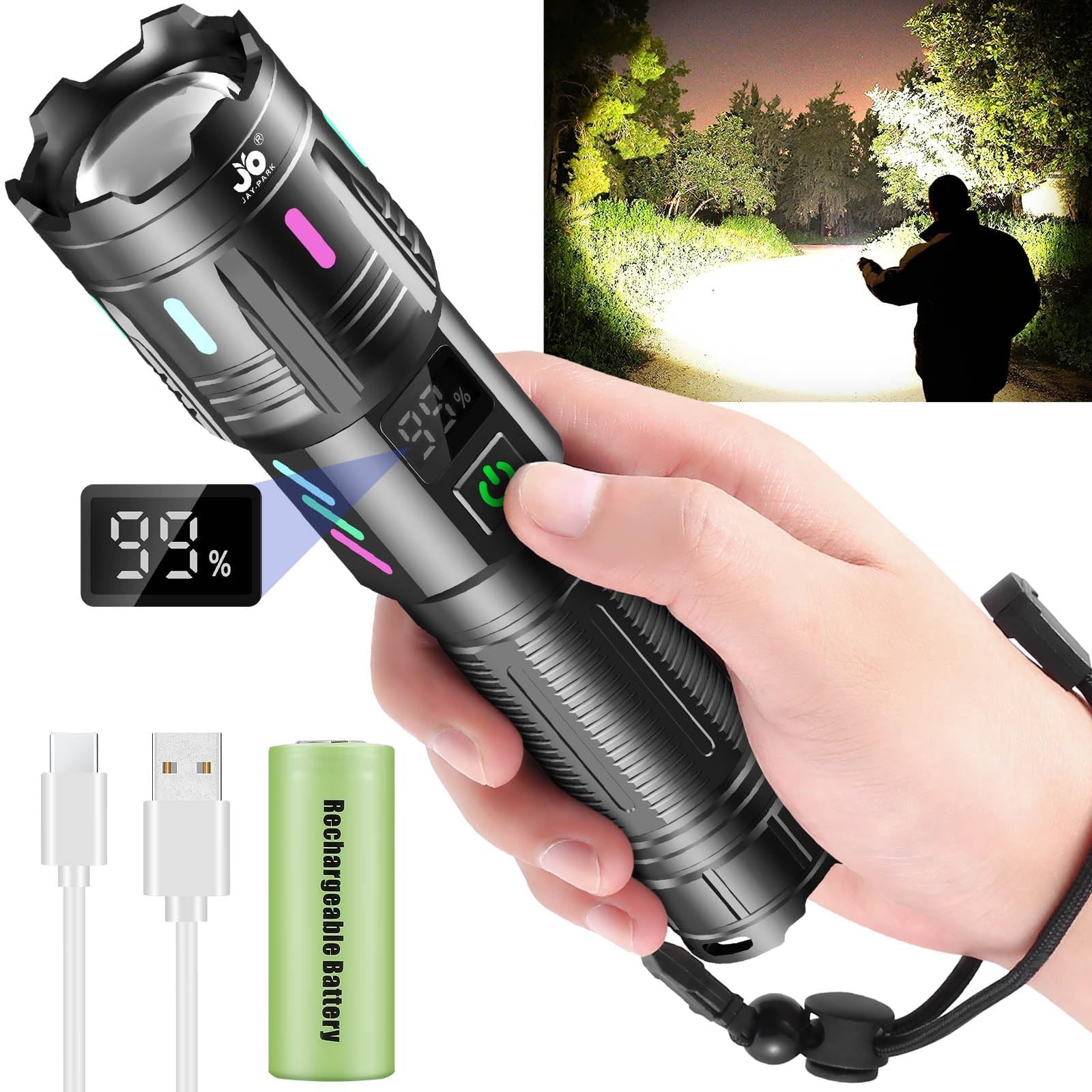 JAY-PARK Lampe Torche LED Ultra Puissante 1000000 Lumens, Rechargeable, Longue Portée, 5 Modes D'éclairage, Zoomable