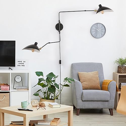Miniatura 4 de Moderna lámpara de pared con brazo oscilante de 2 luces, apliques de pared industriales ajustables para dormitorio, lámpara de pared retro