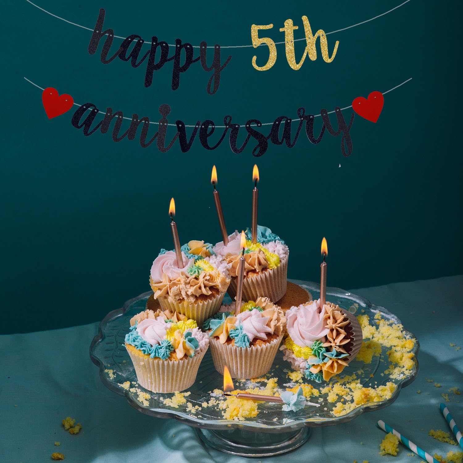 Happy 5th Anniversary Banner, 5th Wedding Anniversary & Birthday Party Bunting Decoration (Black & Gold, 118 inches x 18 inches, Pre-Strung) - Image 4