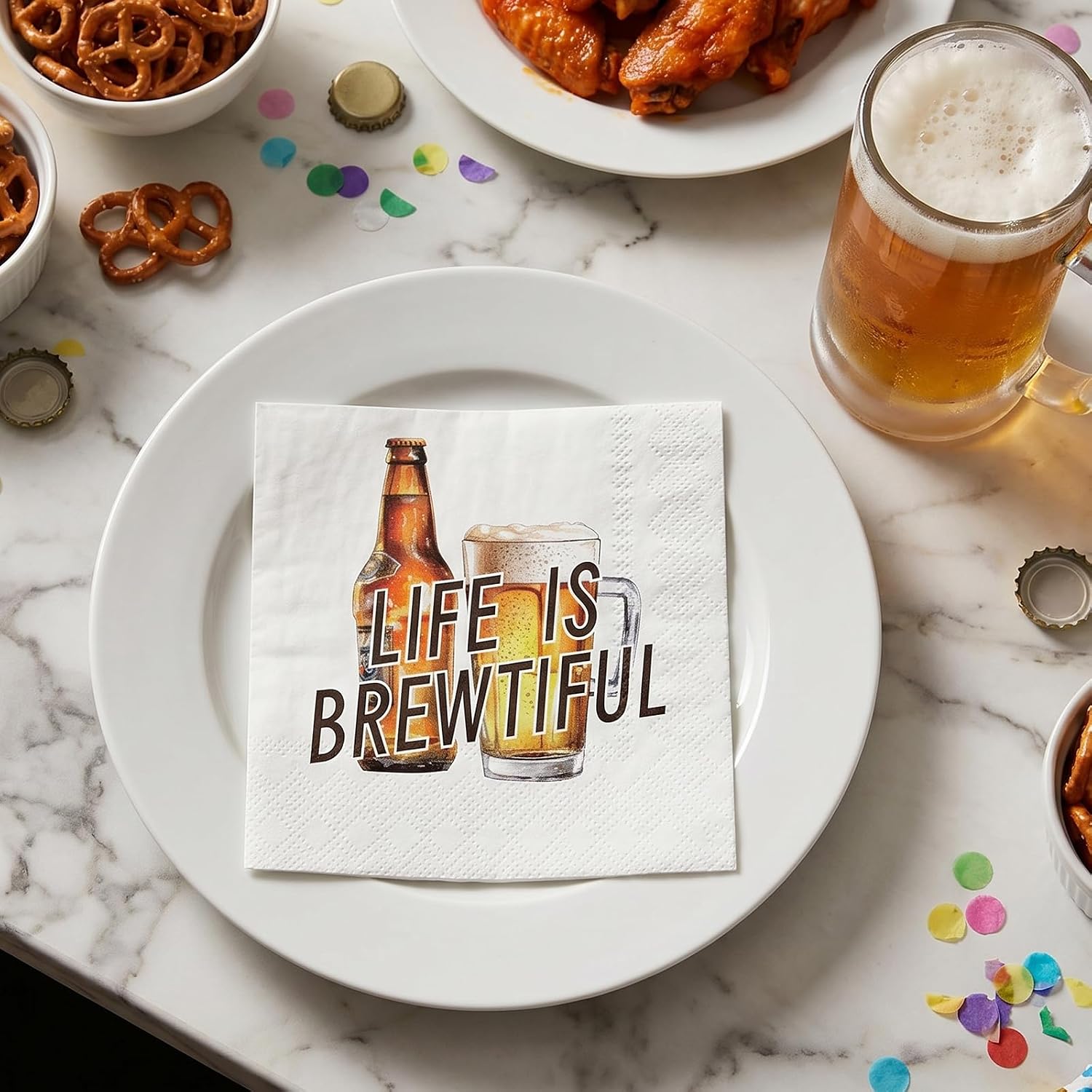 RUSPEPA 25 Pcs Funny Beer Cocktail Napkins, "Life Is Brewtiful" Beer Bottle & Mug Theme Disposable Paper Napkins for Men, Birthday, Bachelor Party, Bar, Father's Day Table Decor, 3 Ply, 5 x 5 Inch