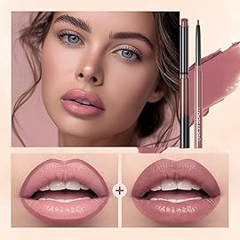 QiBest Nude Rose Pink Cream Lipstick with Lip Liner Makeup Set for Women, Soft Matte Lip Stick Silk Finish with LipLiner Pencil 24 Hours Original Waterproof Labials, Velvety & Non-Drying Formula