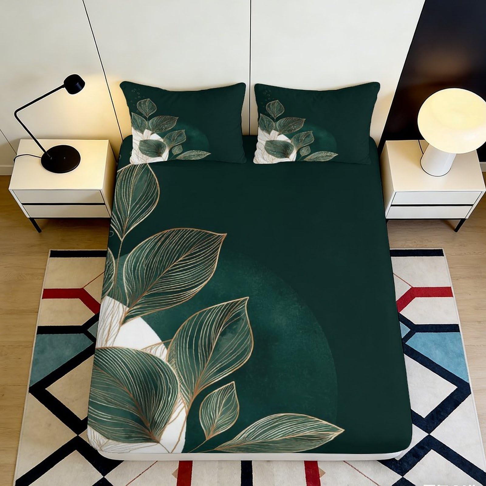 3D Printed Botanical Leaf Fitted Sheet Microfiber Soft Breathable Green Bed Cover with Abstract Floral Design Mattress Protection for Bedroom Dorm Guest Use 120x200x25cm