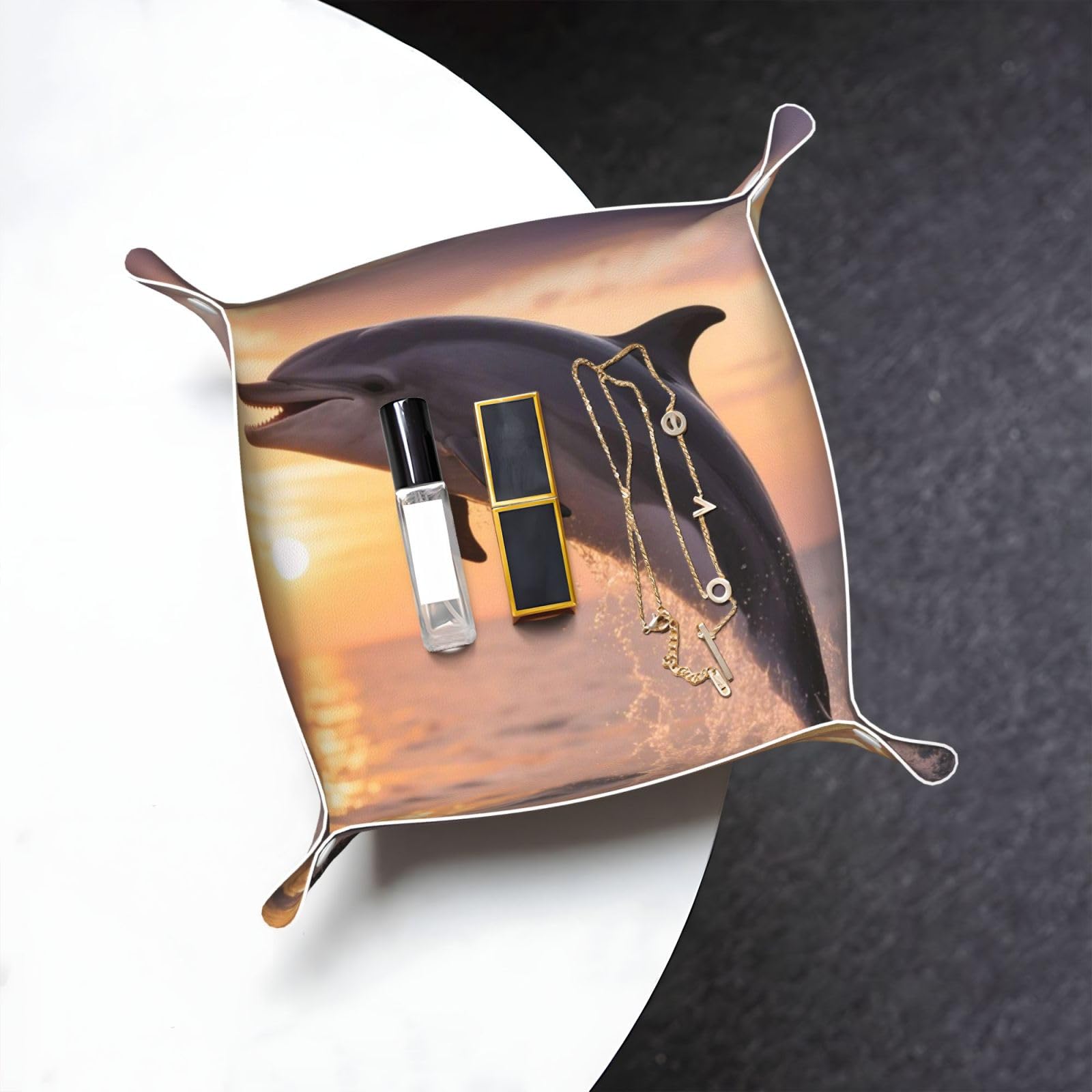 Dolphin Sunset Valet Tray Organizer Pu Leather Travel Catchall Tray Organizer Portable Jewelry Tray Storage Keys Tray for Entryway Table Coins Watches Candy