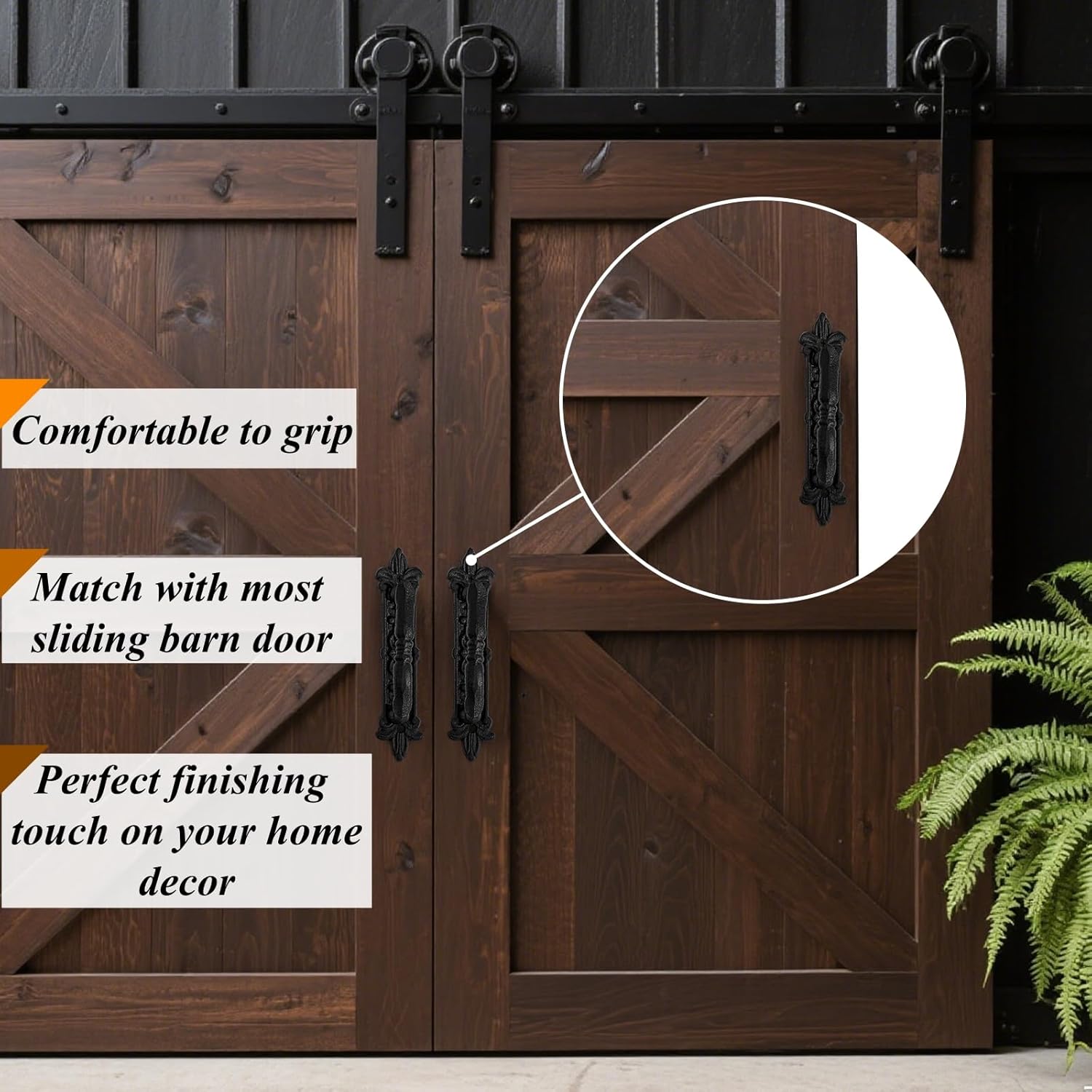 Peohud 2 Pack Heavy Duty Barn Door Handle, 9 Inches Cast Iron Rustic Gate Handle, Antique Black Carved Door Pull for Garages Sheds Closet Drawer Cabinet Fence Outdoor Farmhouse