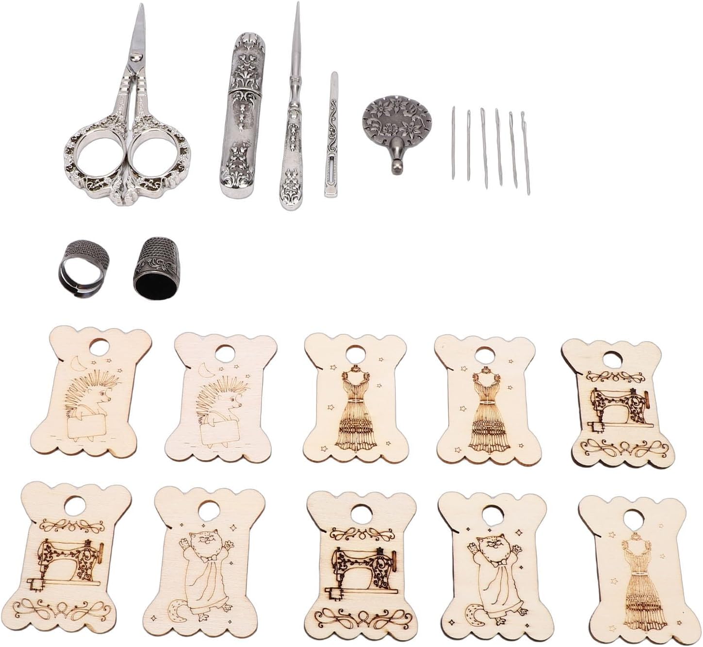 Phefop Vintage Sewing Tool Set, European Style Sewing Tools with Embroidery Scissors Thimbles Needles Awl Thread Winding Plates for Knitting Quilting Crossed Stitch