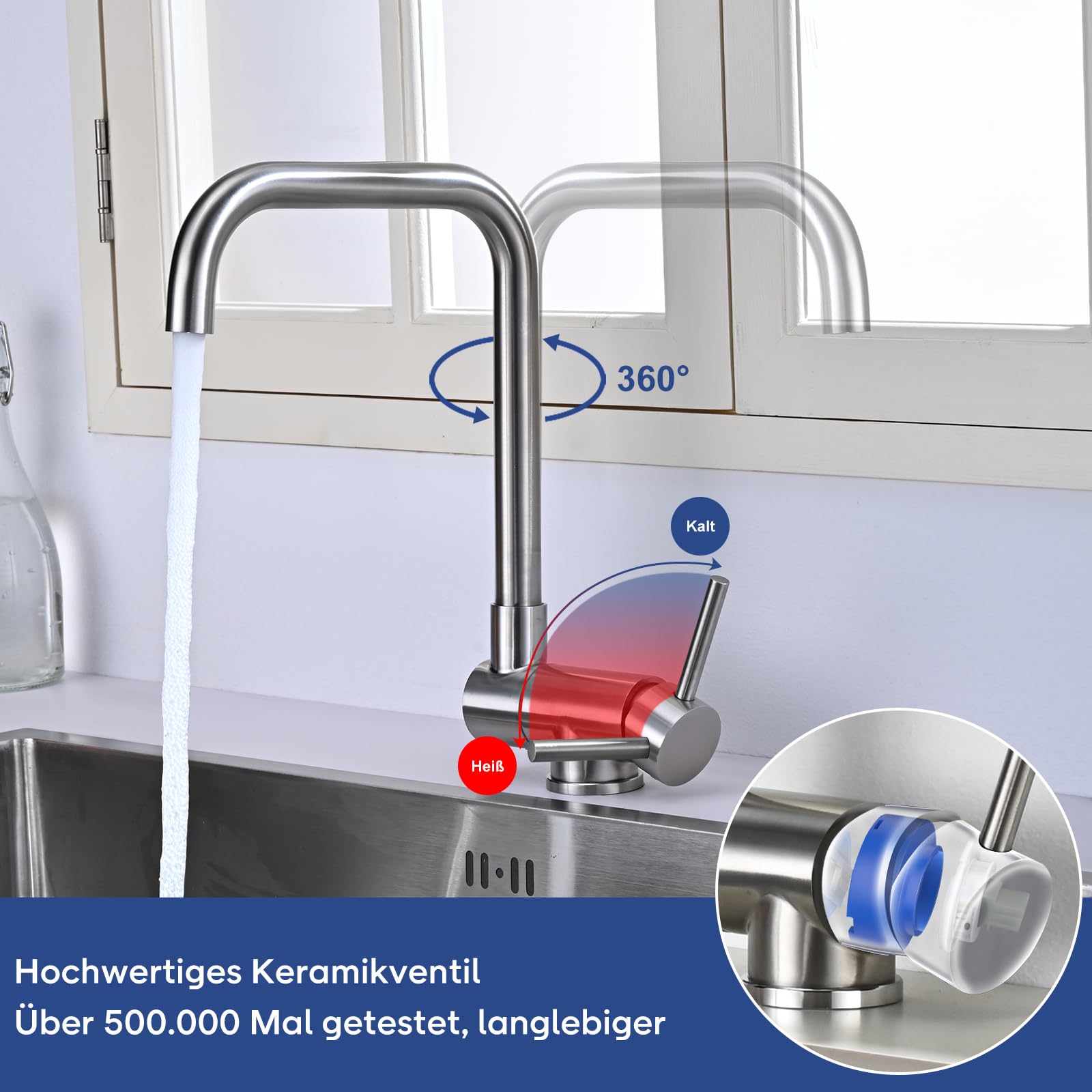 Vorfenster Küchenarmatur Klappbar BuntHaus, 360° Küchenarmatur Gebürstetem | Wasserhahn umklappbar schwenkbar, Wasserhahn Unterfenster, Spültischarmatur Vorfenster, Edelstahl
