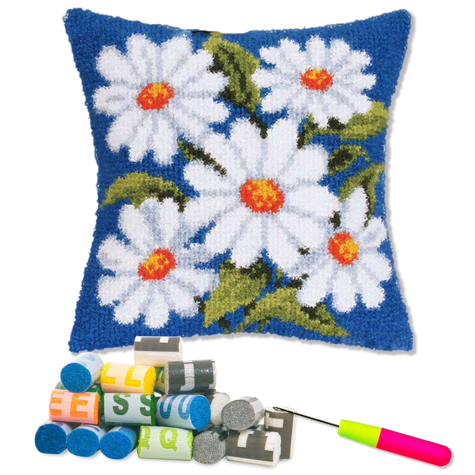 LAPATAIN Latch Hook Kits for DIY Throw Pillow Cover,Daisy Needlework Cushion Cover Hand Craft Crochet for Great Family 17x17inch