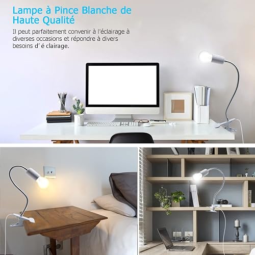 Wrpacttg Lampe E27 à Pince, Lampe de Lecture, Lampe de Chevet LED, Douille E27 avec 350MM Col de Cygne, 220CM Cable avec Interrupteur, Clip de Base en Métal, Lampe a Pince pour Lit, pour Maquillage - 7