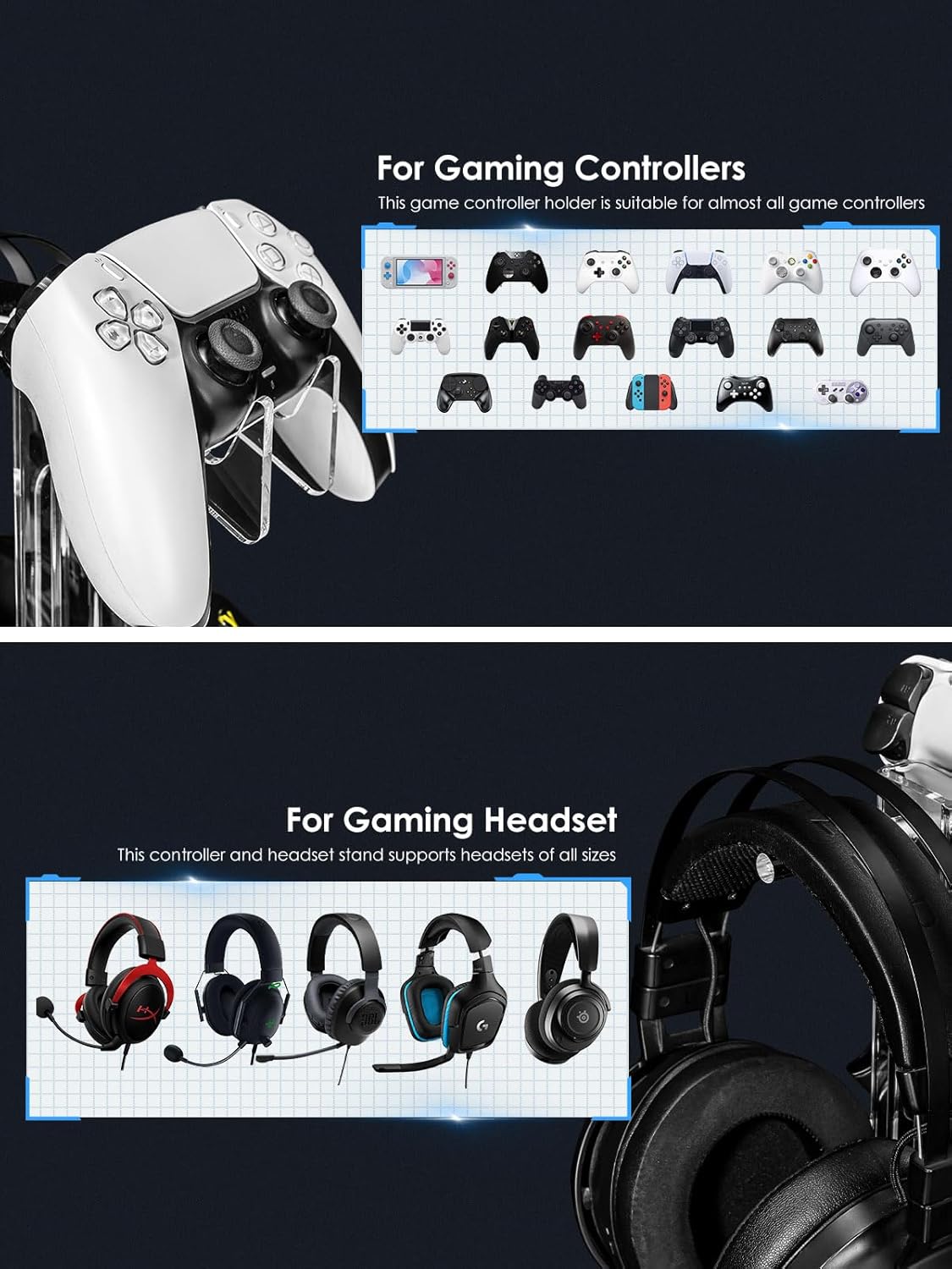 OAPRIRE Headset and Controller Stand, Space-Saving 2 Tier Game Controller Holder, Acrylic Controller and Headset Stand for Desktop, Universal Design Compatible with PS5/PS4/Xbox/Switch (Deep Black) - Image 4