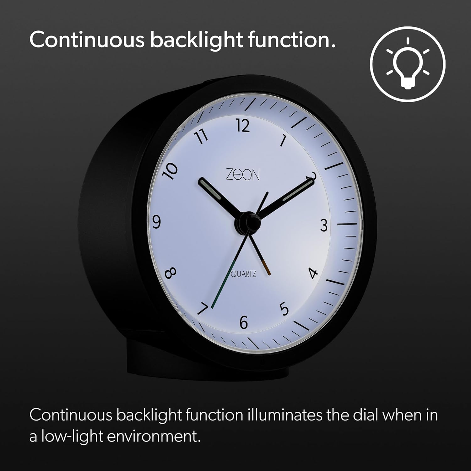 ZEON Round Analogue Alarm Clock with Light and Snooze Function, Silent Non-Tick Bedside Battery Powered Alarm Clock in Black & White, CE4552