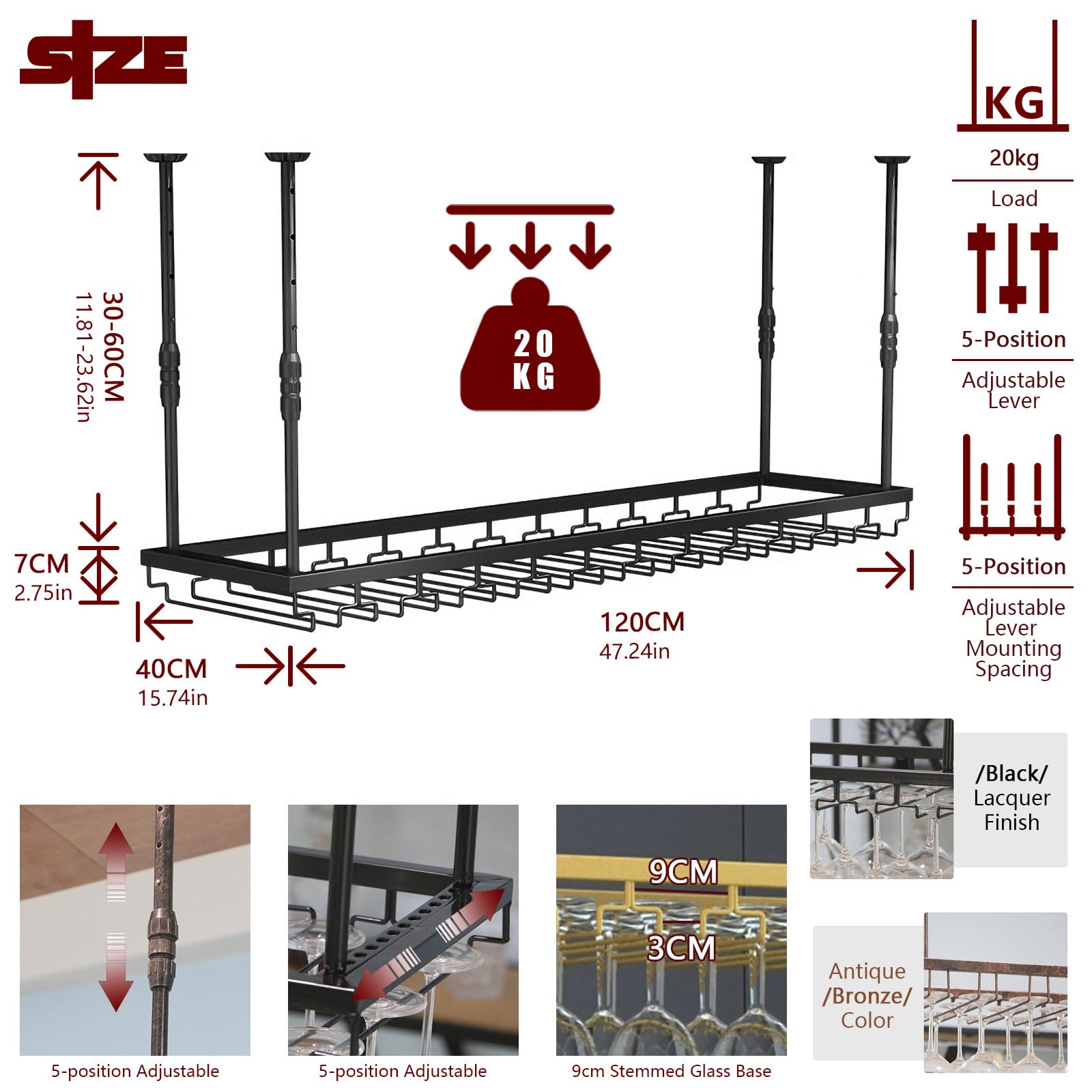 Mensole Sospese Soffitto Alto 30-60cm Regolable Nero 120cm | Portabicchieri Sospeso Metallo, Porta Calici Sospesi Salvaspazio per Sala da Pranzo Home Bar/ Cucina (bk, 120x40x(30-60) cm)