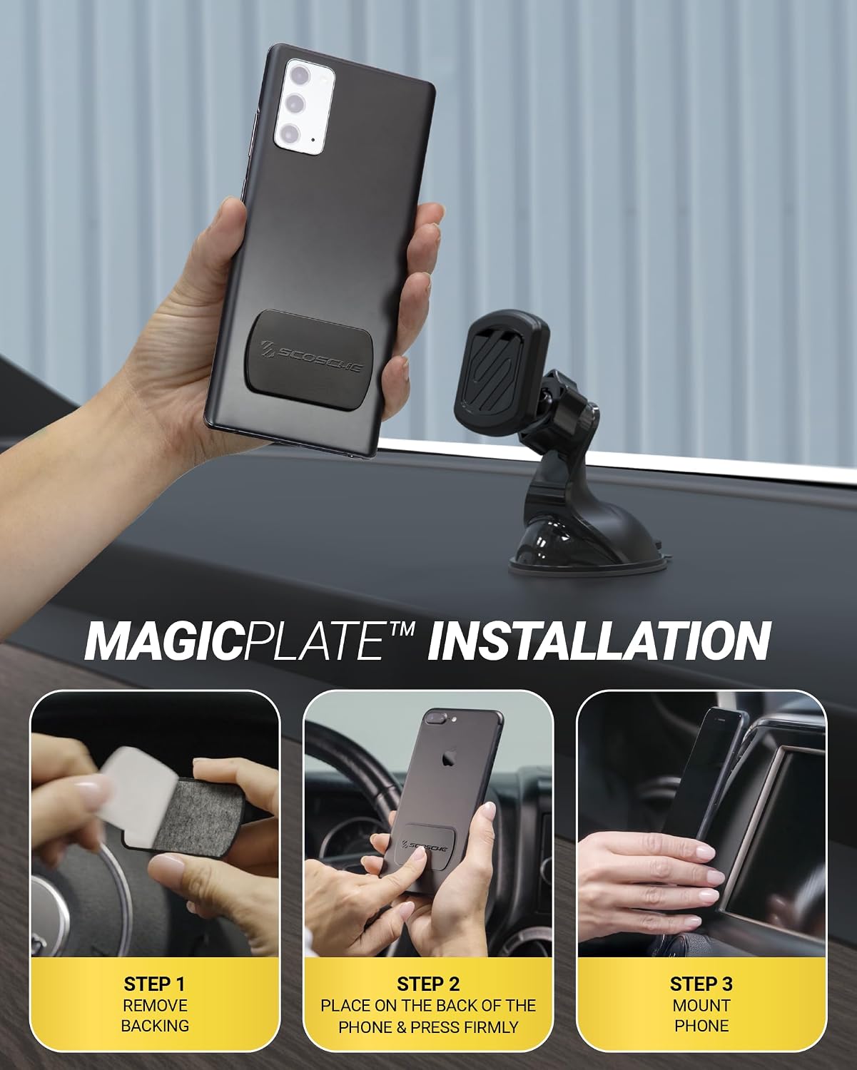 Scosche Extra Strength Suction Car Phone Mount, Magnetic Phone Holders for Your Car Windshield/Dashboard, Car Holder with 360° Rotation, Thick Metal Plate for iPhone and Android, Not MagSafe, 2-Pack
