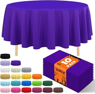 10 Pack Premium Disposable Plastic Tablecloth 84" Round Table Cover for Birthdays Weddings Christmas Anniversary Buffet Table (Purple)