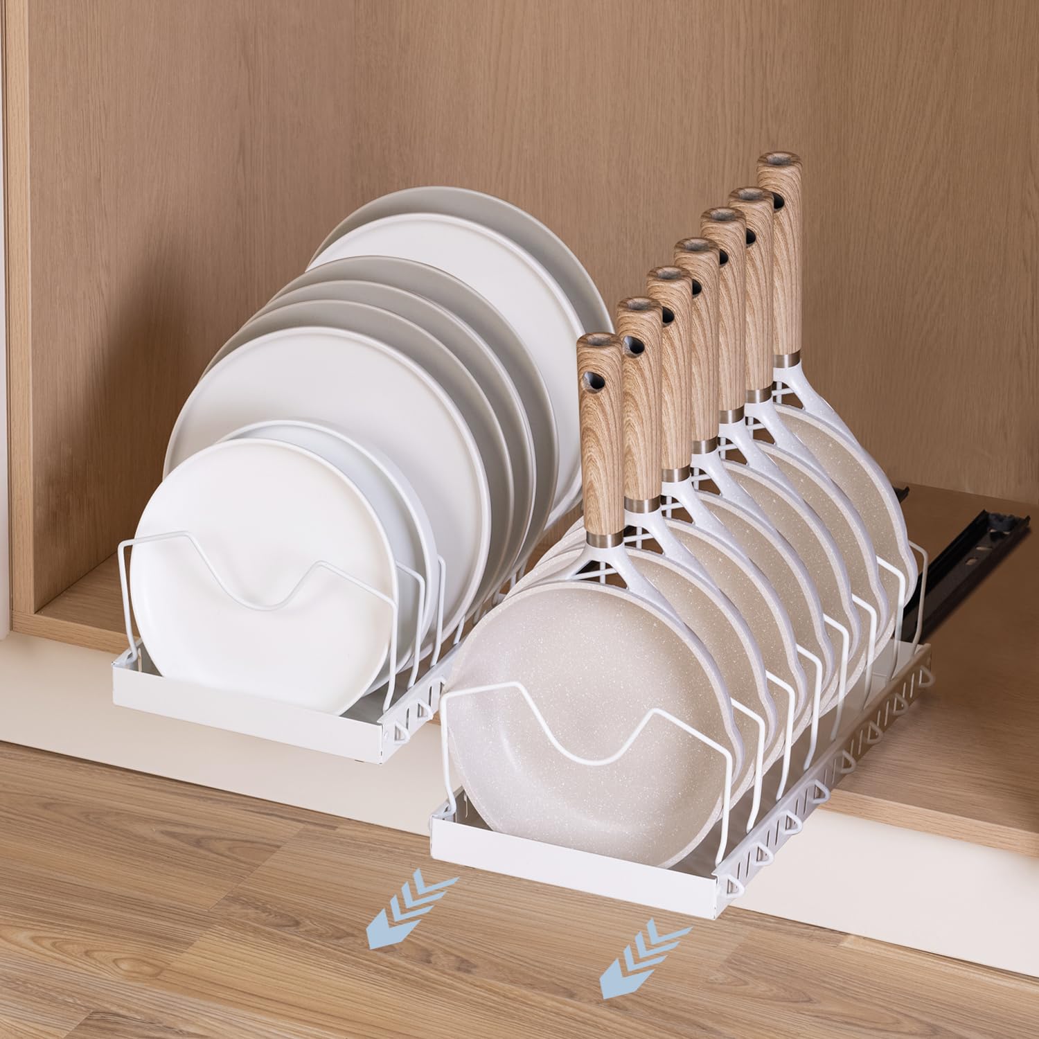 KEXIBO 2 pezzi Porta Coperchi Pentole Scorrevole, porta coperchi pentole salvaspazio, Organizer Padelle con 8 Scomparti Regolabili per Padelle, Coperchi Organizer Cucina, Bianco