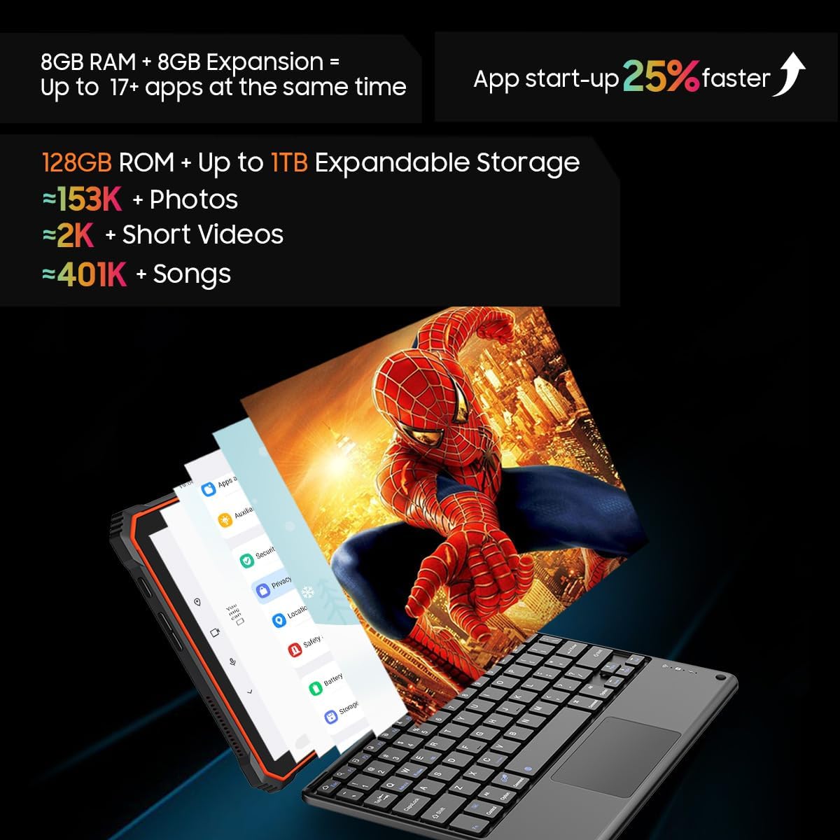 Tablet displaying storage capacity and app startup speed