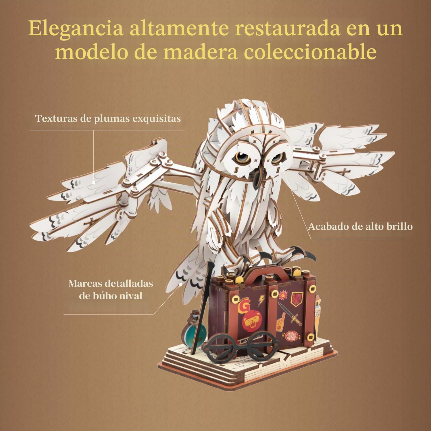 PUREMIND Harry Potter Hedwig, Puzzle 3D Madera, maqueta búho articulado DIY | Licencia oficial, regalo Harry Potter, alas móviles, cabeza giratoria, montaje DIY, acabado muy detallado, pieza de colección