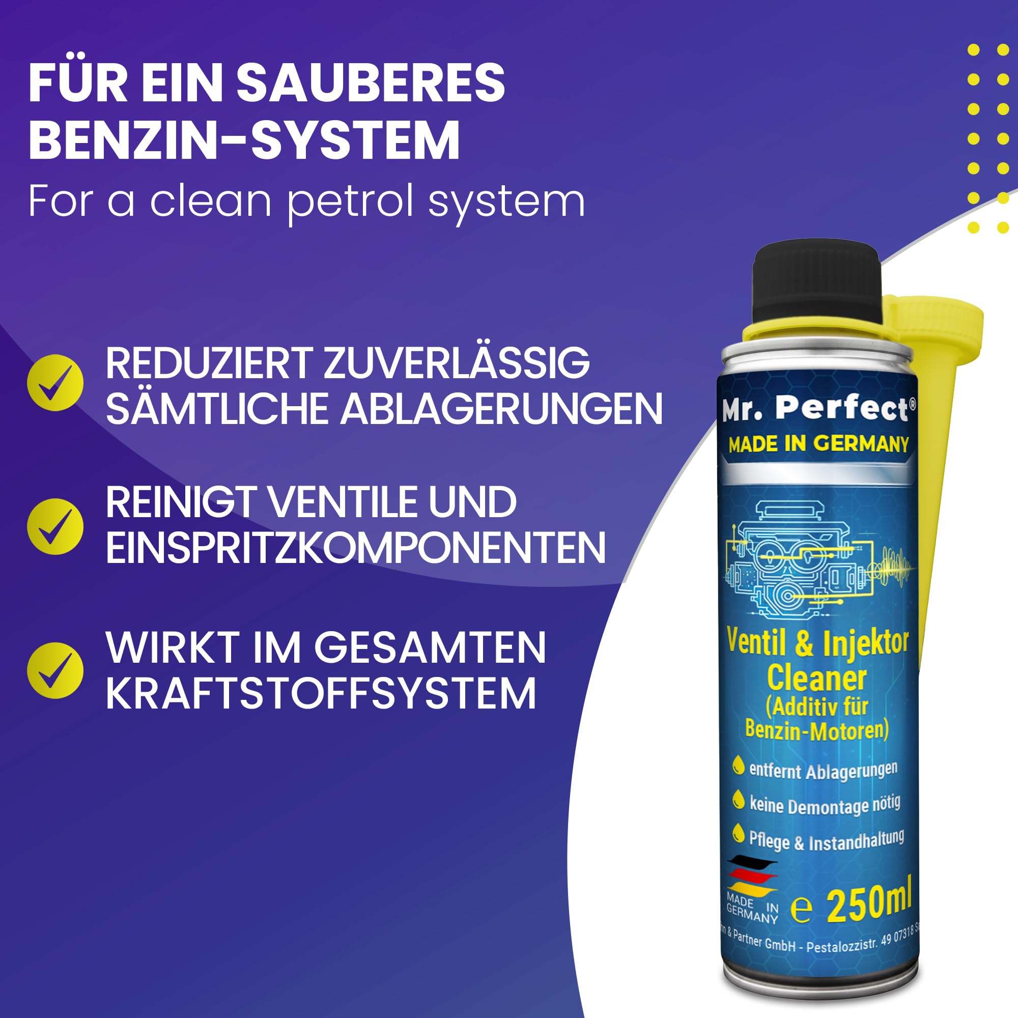 Mr. Perfect Ventil & Injektor Cleaner Benzin 6x250ml | Einspritzdüsen Reiniger entfernt Ablagerungen & fungiert als Kraftstoffstabilisator | Benzin Additiv für gleichmäßigen Motorbetrieb