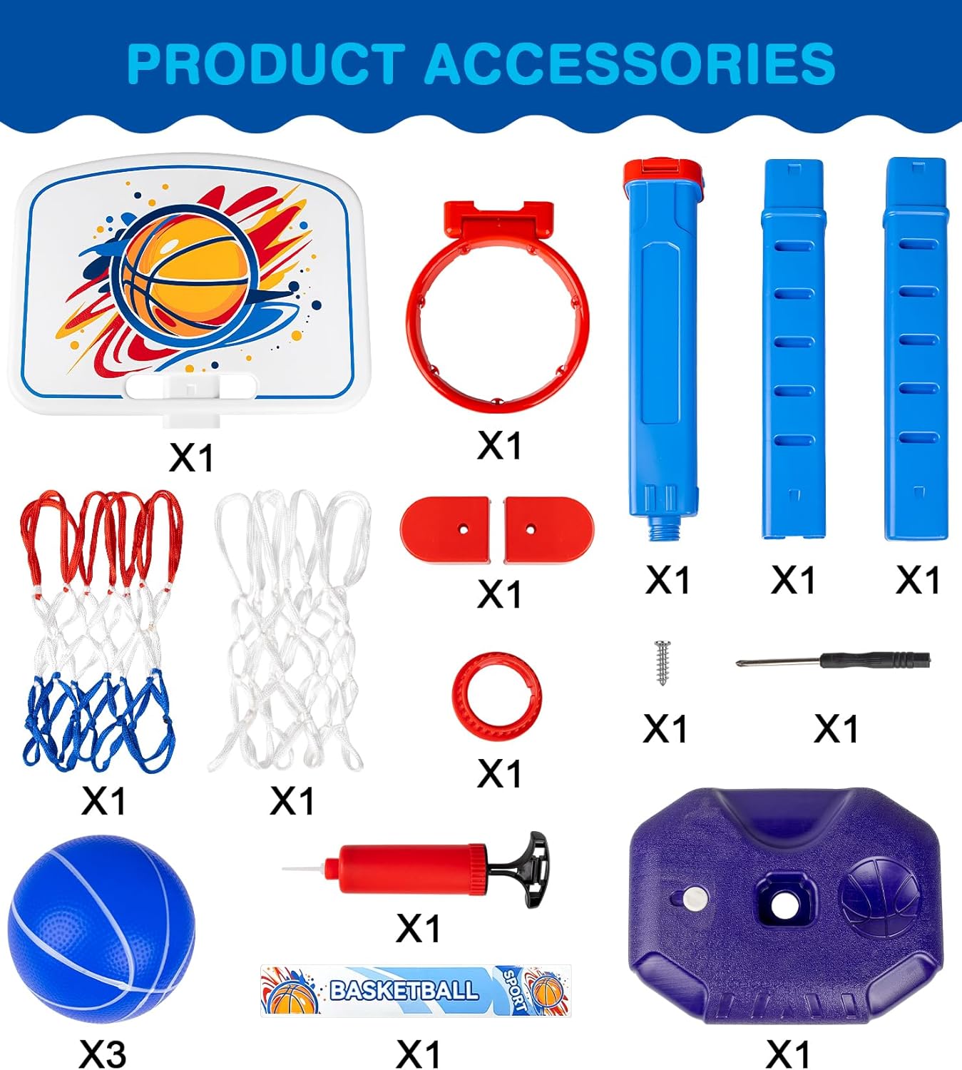 Toddler Basketball Hoop Set,Adjustable Kids Basketball Goal with 3 Balls & 2 nets & Pump,Indoor Outdoor Poolside Mini Hoop Toy for Boys Girls Ages 1-6 Birthday