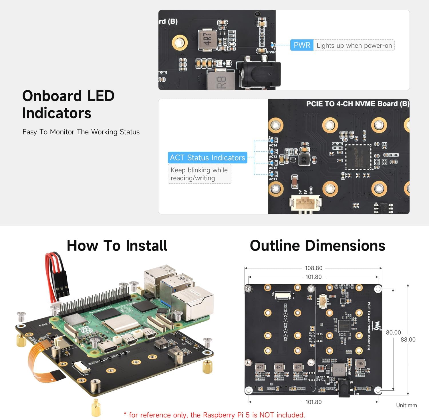 Waveshare PCIe to 4-Ch M.2 Adapter Board, Compatible with Raspberry Pi 5, Supports 4-ch NVMe Solid State Drives, Supports powering The Raspberry Pi 5, Onboard LED Indicators