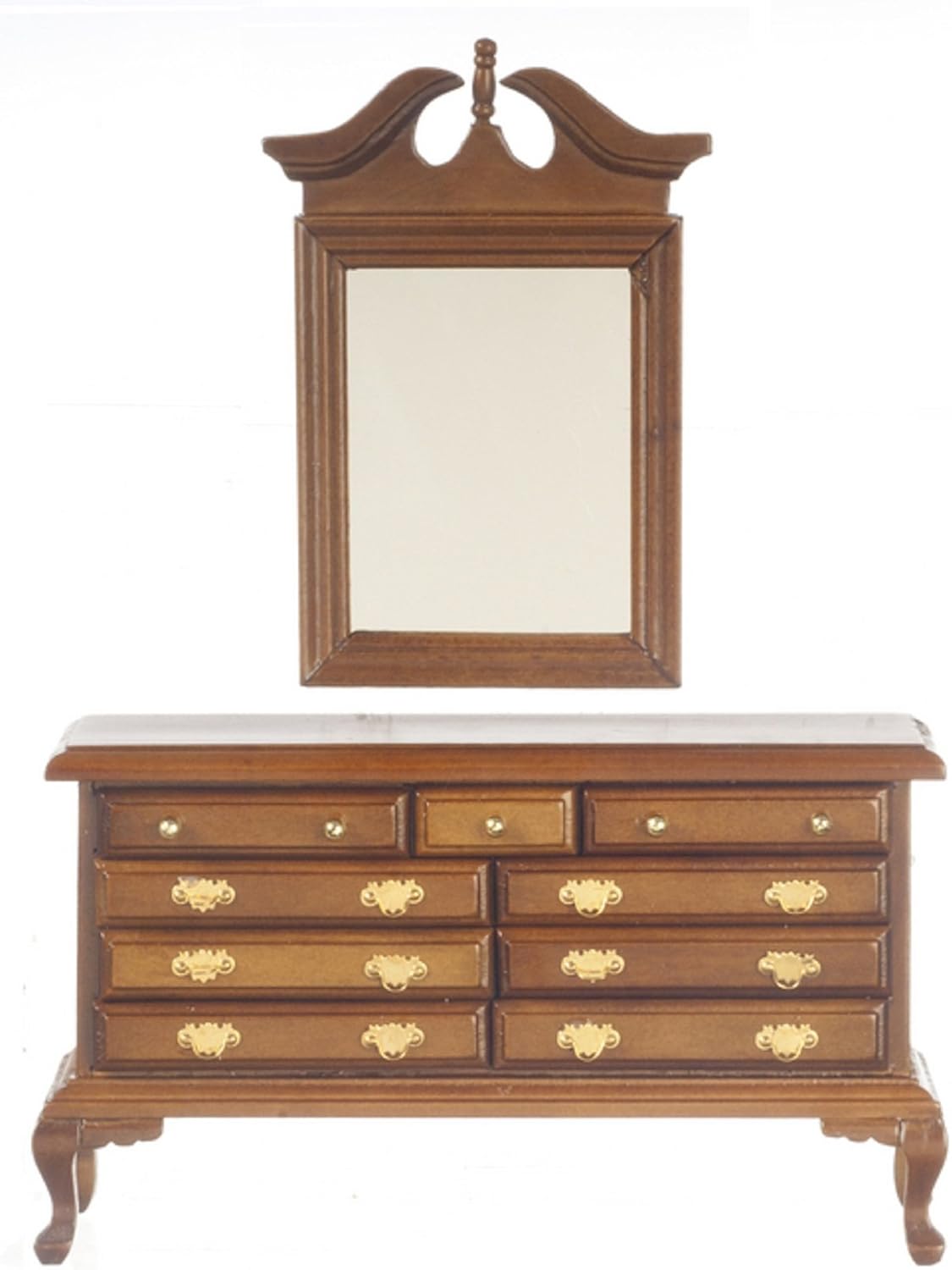 Melody Jane Dollhouse Walnut Queen Ann Dressing Table Bedroom Furniture Chest & Mirror