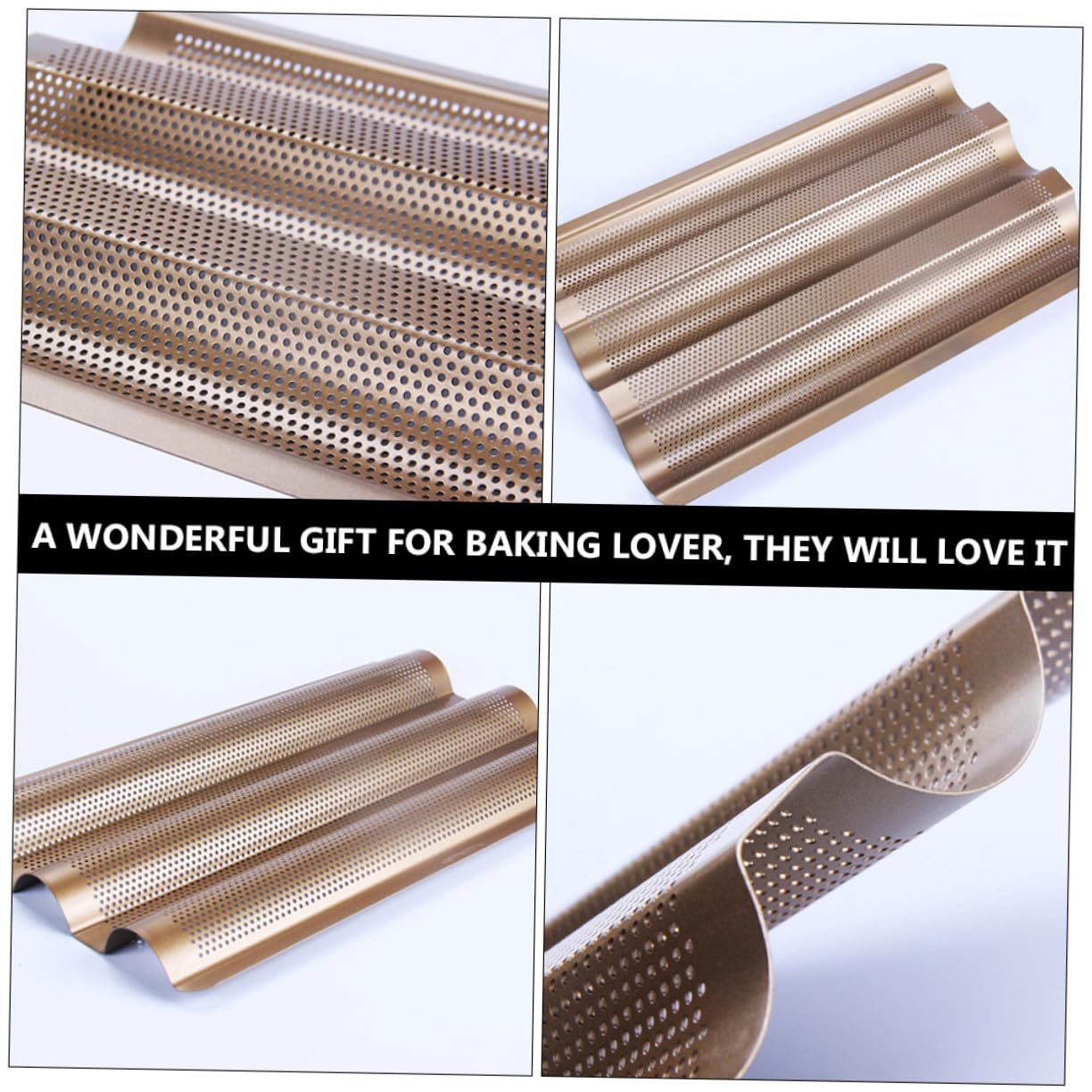 STOBAZA Molde para Hornear Pan de 3 Ranuras en Acero al Carbono, 2 Piezas | Diseño Perforado, Acabado Antiadherente, Formato de Ondas para Baguette en Cocción