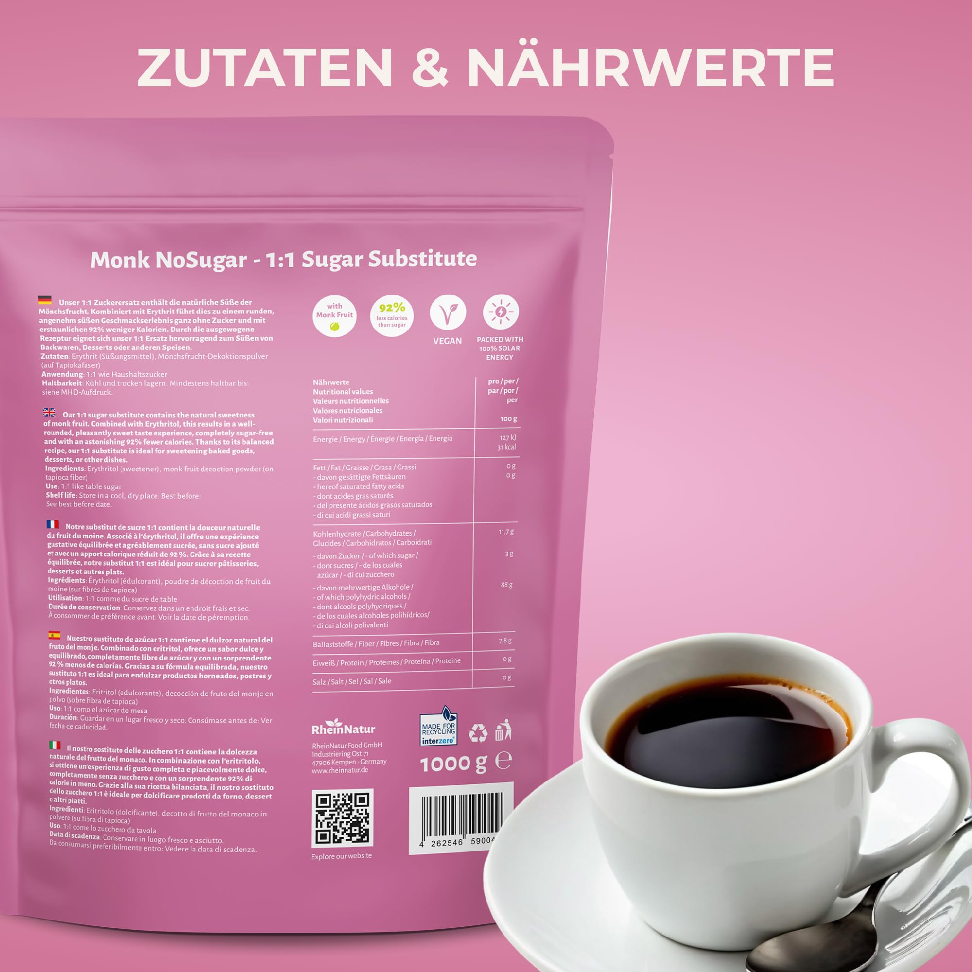 RheinNatur Mönchsfrucht Zuckerersatz 1 kg - 1:1 Ersatz für Zucker aus Mönchsfrucht & Erythrit - Vegan - 1000 g Beutel