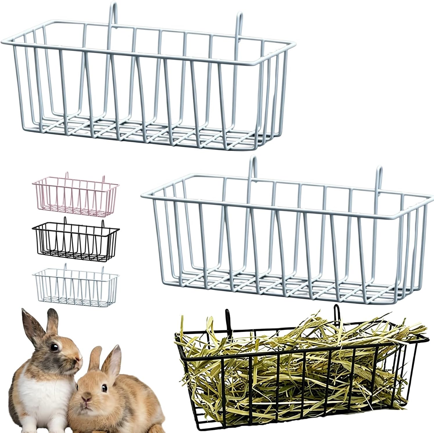 チモシー入れ 大容量 うさぎ牧草フィーダー ケージ取り付け 小動物用食器 牧草入れ 2点セット 散らからない設計 壁掛け式 ネジ不要 省スペース 金属製 耐久性強化 モルモット チンチラ デグー対応 ペット用品 飼育ケージ用 (ホワイト)
