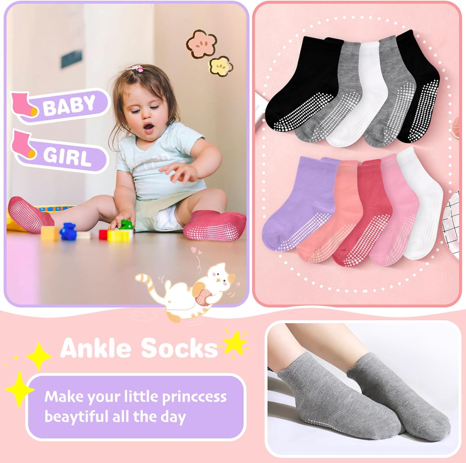 ELUTONG 16 Pairs Toddler Grip Socks for Boys Girls Non Slip Ankle Grippy Socks for Baby Infant Kids Aged 1-7T - Image 2