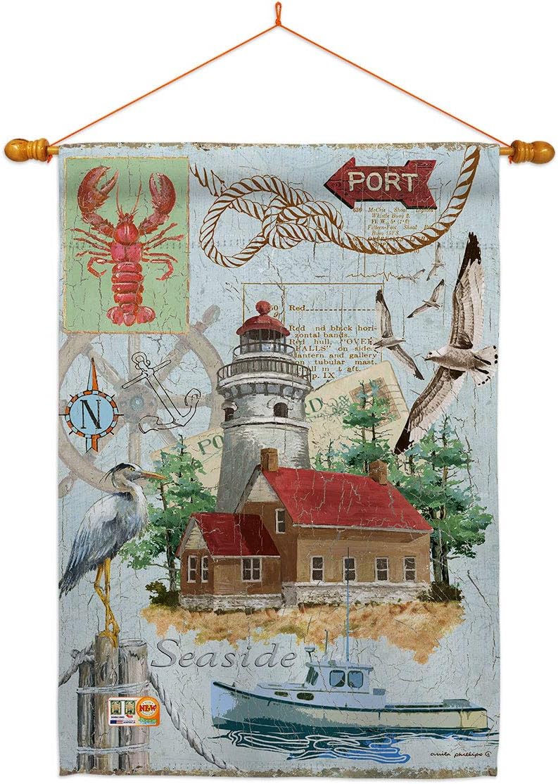 Seaside Lighthouse House Flag Dowel Set Coastal Nautical Anchor Sailor Sea Shells Outdoor Summer Ocean Small Decorative Gift Yard Banner Made In USA 28 X 40