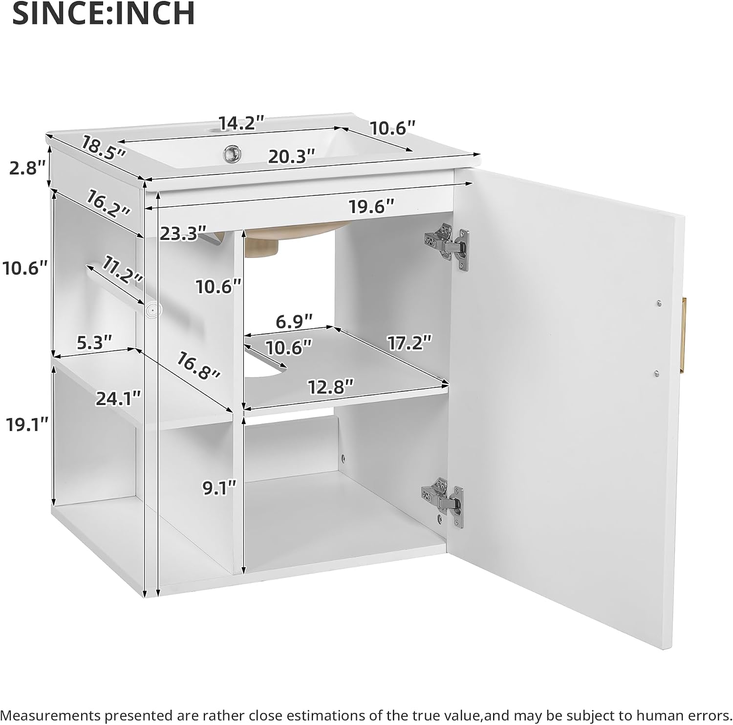 Virubi 20 Inch Wall Mounted Bathroom Vanity with Ceramic Sink, Floating Vanity Cabinet with Open Side Shelves and Built-in Paper Holder, Single Door Storage for Small Bathroom