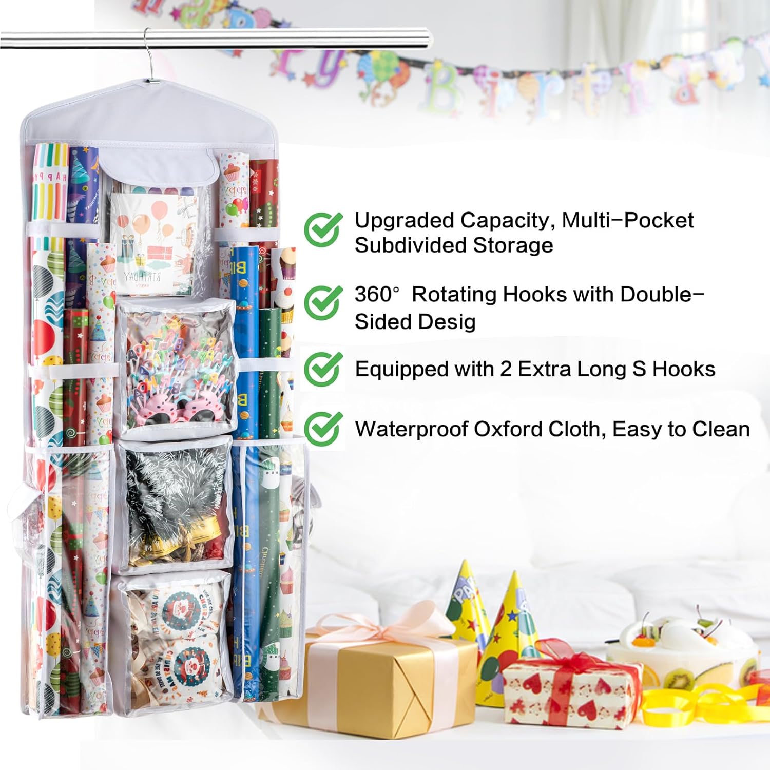 EOLIMEX Hanging Double-Sided Gift Wrap Storage Organizer, Gift Wrap Containers, Wrapper Paper Holder for Present, Oxford Pockets for Christmas, Holiday, Home Organization (Black)