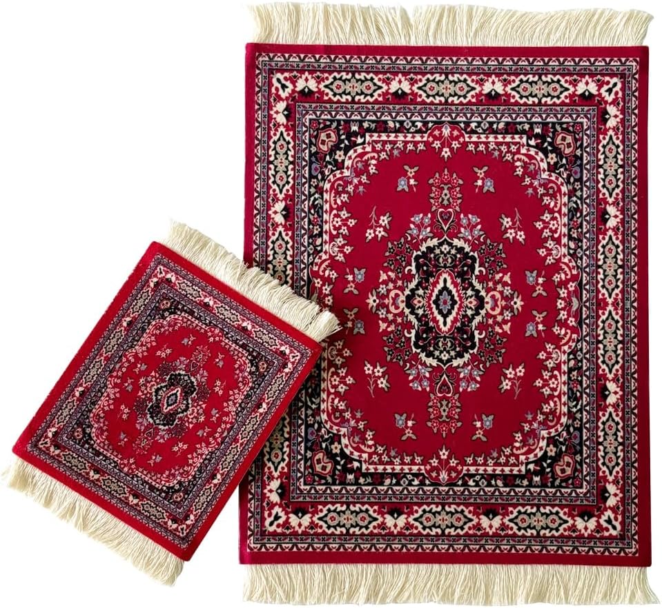 Set of 2 Oriental Carpet Mouse Pad Carpet Coaster Set Turkish Style Carpet Office Stock Persian Rug Mouse Pad 2 Pieces Gift, Non-Slip, Elegant Office Accessories