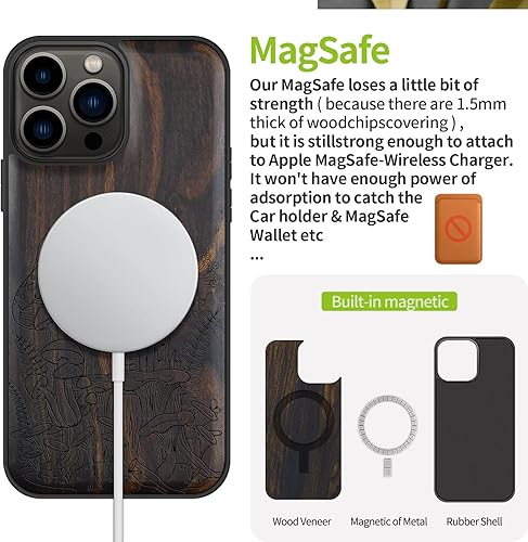 Miniatura 10 de Carveit Funda magnética de madera para iPhone 13 Pro Max madera natural y TPU suave negro a prueba de golpes, funda protectora única y elegante de