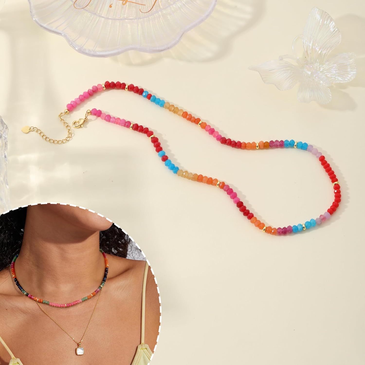 Beaded Choker Necklace for Women Colorful Gemstone Necklace for Beach Teen Girl Gifts Trendy Stuff for Summer Adjustable Boho Necklaces Jewelry for Daughter Sister Friends - Image 4